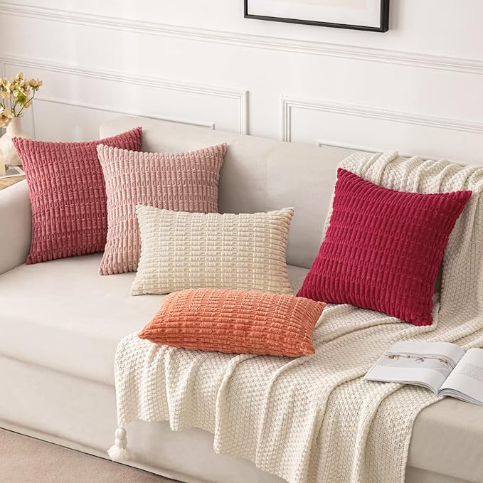 MIULEE Pack of 2 Corduroy Decorative Throw Pillow Covers 18x18 Inch Soft Boho Striped Pillow Covers Modern Farmhouse Home Decor for Summer Sofa Living Room Couch Bed Coral