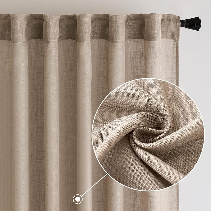MIULEE Taupe Linen Curtains 90 Inch Long for Bedroom Living Room, Soft Thick Linen Textured Window Drapes Semi Sheer Light Filtering Back Tab Rod Pocket Burlap Look Farmhouse Country Decor, 2 Panels