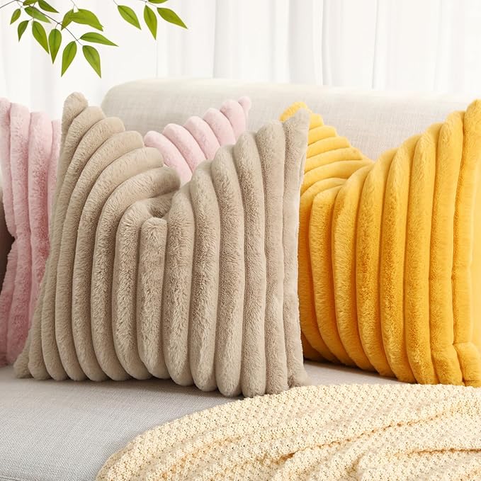 decorUhome Summer Cozy Faux Fur Throw Pillow Covers 16x16 Set of 2 Decorative Soft Plush Striped Modern Farmhouse Boho Couch Pillow Cases with Velvet Back for Sofa Bed Living Room, Mustard Yellow