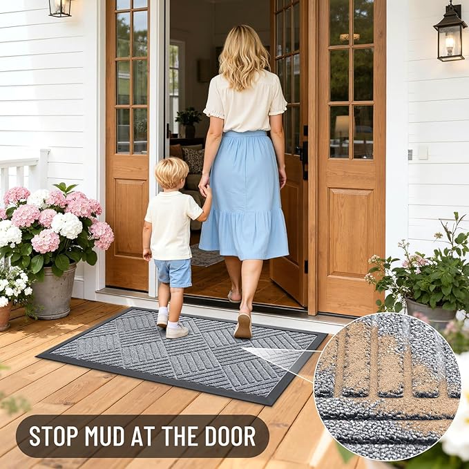 OLANLY Front Door Mat Outside Entrance 47x23, Absorbent, Heavy Duty Sturdy Natural Rubber Doormat Indoor Outdoor, Stain Fade Resistant, Non-Slip Low Profile Floor Mat Entryway, Charcoal Gray Diamond