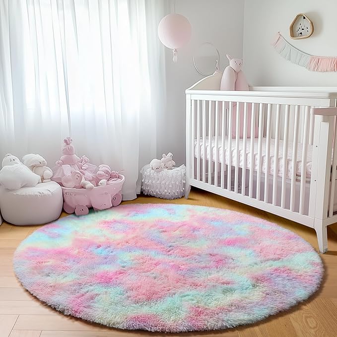 ONASAR Rainbow Round Area Rugs 5ft, Soft Bedroom Circle Rug Mats for Kids Girls Teen Room, Kawaii Fluffy Plush Shaggy Carpet for Dorm Nursery Living Room Playroom Home Decor Princess Castle