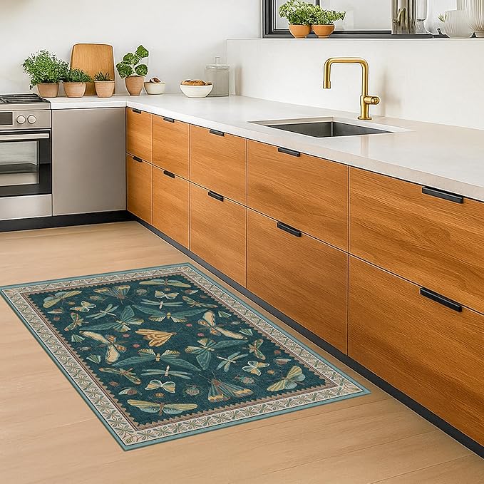 Hazo Haus Emerald Green Entry Rugs for Inside House - 2x4 Kitchen Rugs Non Slip for Bathroom, Powder Room, Vintage Unique Colorful Décor, Washable Stain & Fade Resistant