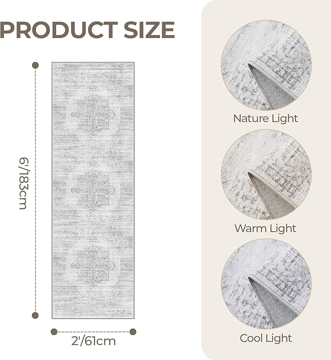 2x6 Runner Rug Non Slip for Entryway, Washable Runners for Kitchen, Soft Thin Hallway Rug for Bedroom, Laundry, Small Stain Resistant Indoor Door Mat(2'x6', Light Grey/White)
