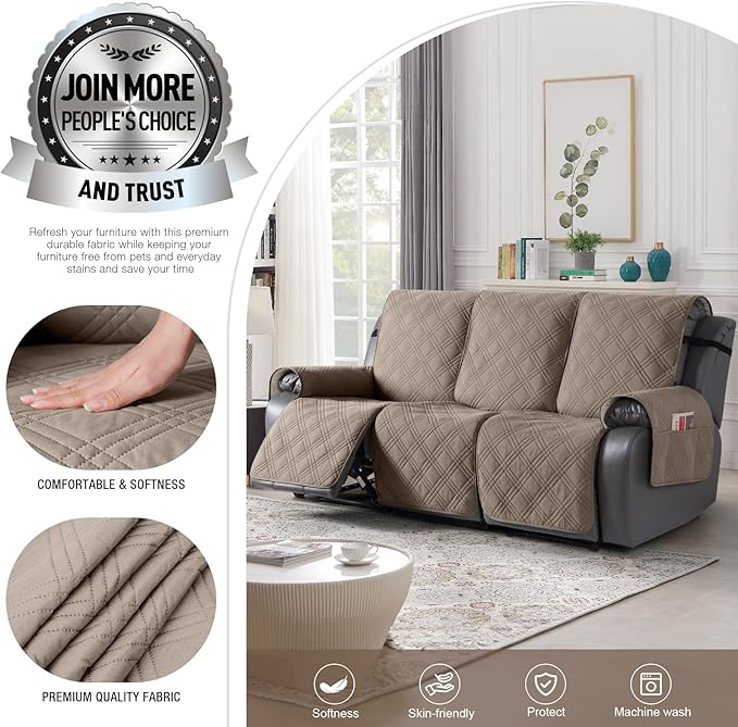 TAOCOCO 100% Waterproof Recliner Sofa Covers, Non Slip Split Couch Covers for Reclining Couches with Elastic Strap, Washable Reclining Sofa Cover Furniture Protector (3 Seater, Gray Taupe)