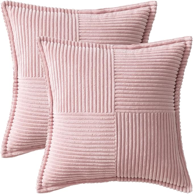 MIULEE Pink Corduroy Decorative Euro Sham Pillow Covers 24x24 Inch with Splicing Set of 2 Soft Boho Pillow Covers Broadside Textured Pillowcases for Couch Bed Livingroom
