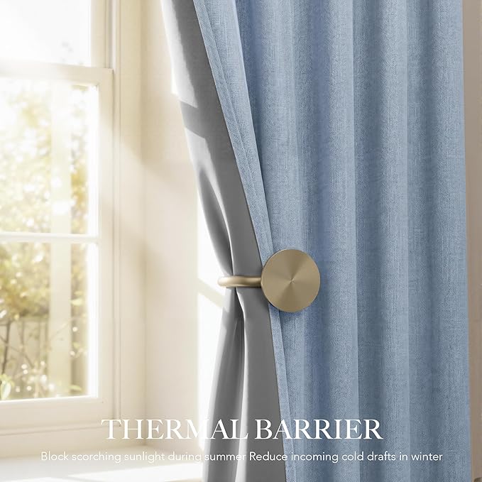 RYB HOME Smoky Blue Linen 100% Blackout Curtains for Bedroom 52 Width 120 Long, Thich Elegant Extra Long Drapes for Modern/Vintage/Farmhouse Home Decor, Thermal Insulated Window Treatment, 2 Panels