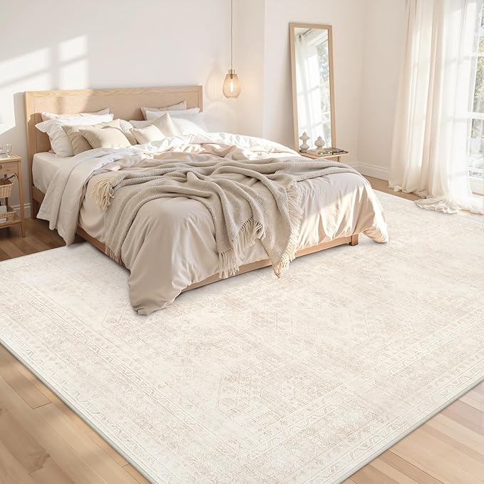 8x10 Area Rugs for Living Room: Vintage Boho Neutral Washable Rug Indoor Soft Large Area Rug Carpet for Bedroom Nursery Farmhouse Dining Room Office Floor Non-Slip Low Pile Under Table Rug Beige