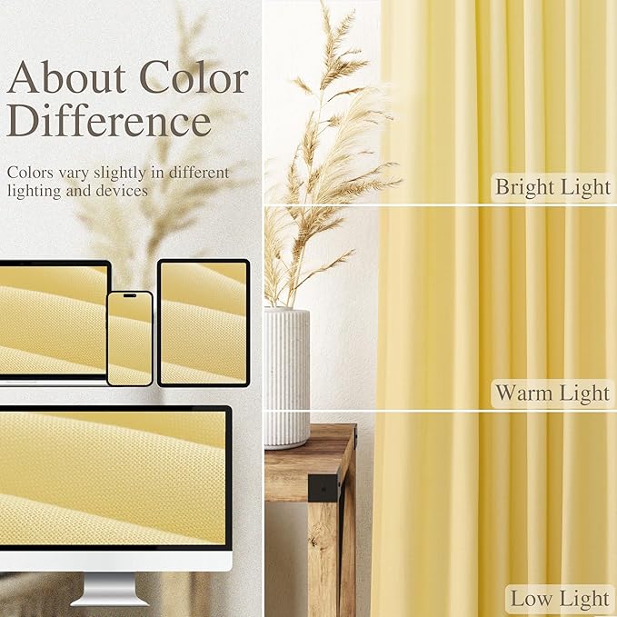 Yellow Linen Semi Sheer Curtains 108 Inches Long 2 Panels Set Back Tab Loop Pocket Linen Blend Boho Decor Large Window Curtain Extra Long Light Filtering Drapes High Ceiling for Living Room 52x108