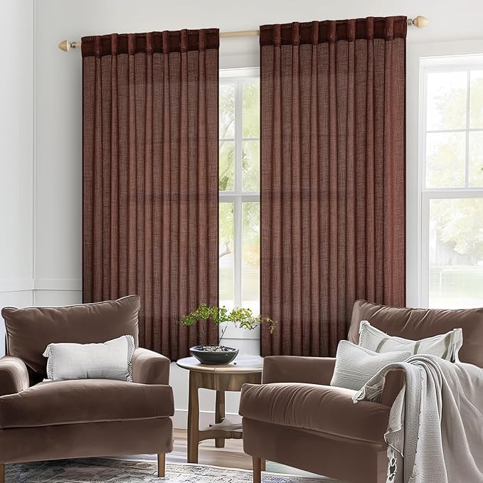 MIULEE Chocolate Brown Linen Curtains 54 Inch Length 2 Panels for Bedroom Living Room, Soft Thick Linen Textured Natural Short Window Drapes Semi Sheer Light Filtering Back Tab Rod Pocket
