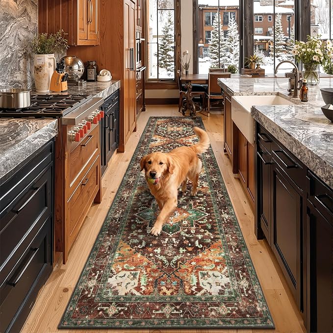 Yamaziot Washable Runner Rug, 3x12 Non-Slip Boho Vintage Hallway Rug Runner with Rubber Backing, Stain Resistant Low Pile Distressed Carpet Runner for Bedroom, Kitchen, Laundry, Entrance