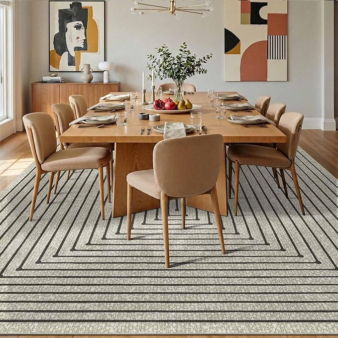 Latte&Fog 10x14 Area Rug for Living Room, Extra Large Beige Modern Abstract Washable Rugs, Boho Non Slip Low Pile Carpet for Indoor Bedroom Dining Room, Office, Dorm, Classroom and Farmhouse - Beige