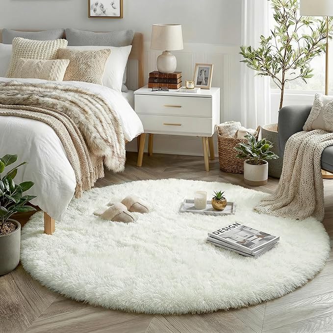 Amdrebio Ivory White Round Circle Rug 6Ft for Kids Bedroom Aesthetic, Big Shag Fluffy Fuzzy Boho Area Rugs for Living Room, Circular Plush Soft Shaggy Cream Carpet for Baby Nursery Teen Girls Boys