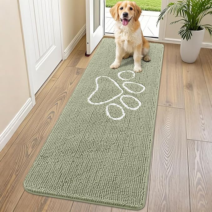 Smiry Dog Door Mat for Muddy Paws, Absorbent Dirt Trapper Non Slip Quick Dry Washable Chenille Mat for Mud Dogs, Entry Rug for Indoor and Outdoor (70x24 Inches, Sage Green and White)