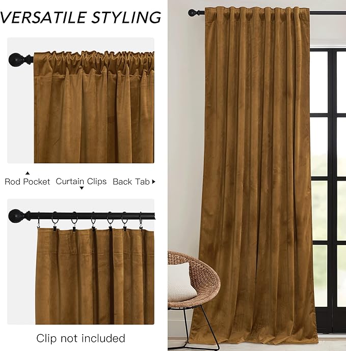 RYB HOME Brownish Gold Velvet Curtains 108 inch, Retro Vintage Room Darkening Window Curtains for Living Room Drafts Block Privacy Shades for Bedroom Playroom Home Theater, W52 x L108 inch, 2 Panels
