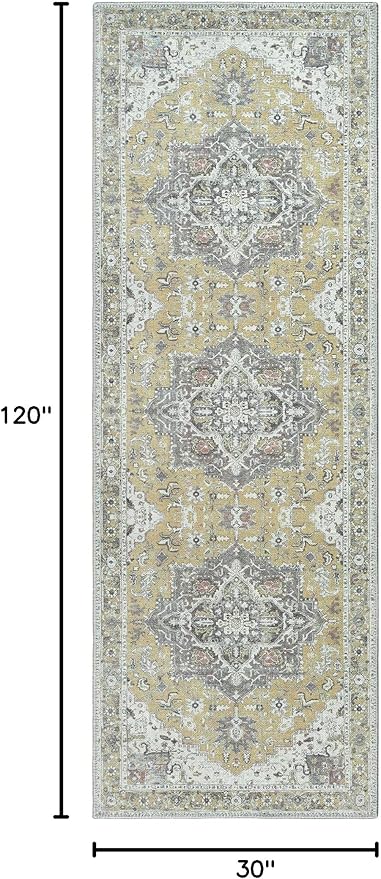 Yellow Area Rug Runner 2.5 x 10 ft, Machine Washable Polyester