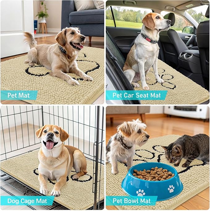 OLANLY Dog Door Mat for Muddy Paws 36x24, Paw Print Design, Absorbs Moisture and Dirt, Absorbent Non-Slip Washable Doormat, Quick Dry Chenille Mud Mat for Dogs, Entry Indoor Entryway Carpet, Sand