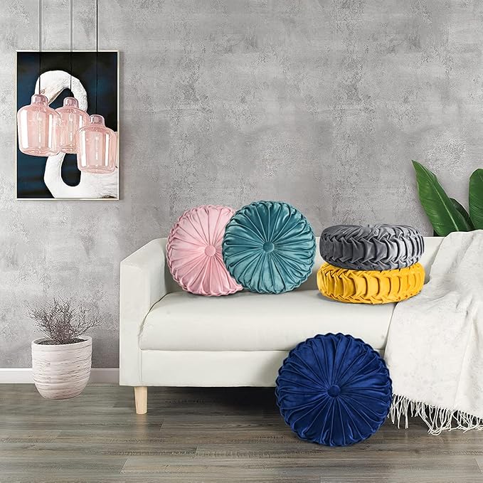 HIG Set of 2 Decorative Round Pleated Throw Pillows, Classy Accent Pumpkin Throw Pillows with Center Button, Vintage Velvet Floor Pillows for Sofa Couch Vanity Chair Bed, Navy, 14.5" Diameter(Ripple)