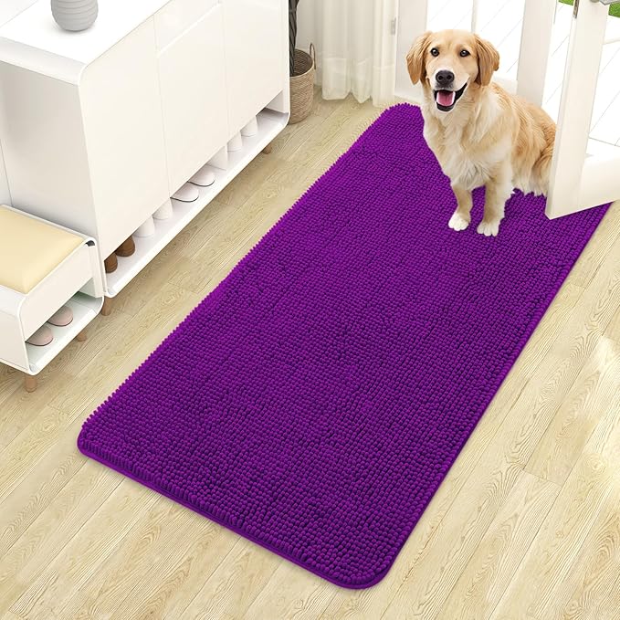 OLANLY Dog Door Mat for Muddy Paws 44x24, Absorbs Moisture and Dirt, Absorbent Non-Slip Washable Doormat, Quick Dry Chenille Mud Mat for Dogs, Entry Indoor Entryway Carpet for Inside Floor, Purple