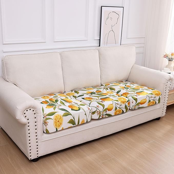 hyha Printed Couch Cushion Covers, Floral Sofa Covers Washable for 3 Cushion Couch, Stretch Pattern Outdoor Cushion Covers for Patio Furniture with Elastic Bottom(3 Packs, Lemon)