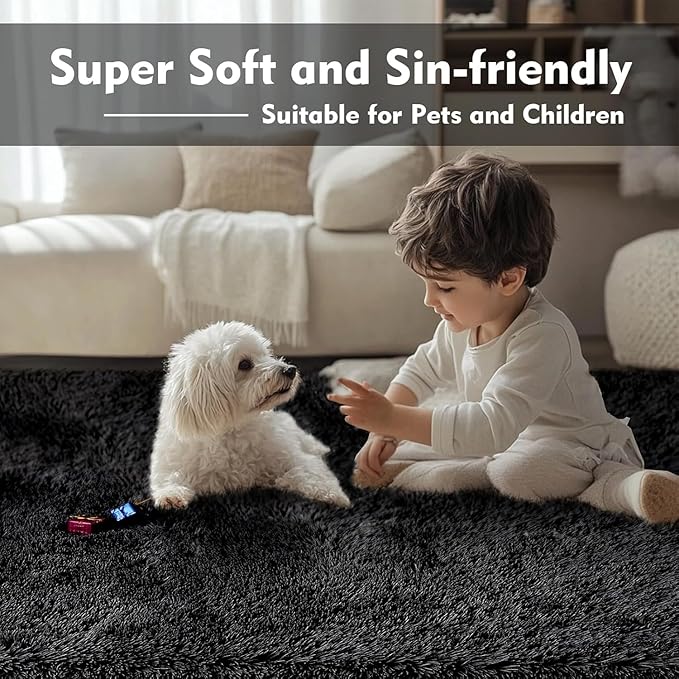 Black Rug Super Soft Shaggy 4x6 Feet Rugs for Bedroom, Fluffy Area Rug for Living Room Floor Rug, Fuzzy and Comfy Carpet Nursery Shag Rug for Kids Boys Room Decor(4 x 6, Black)