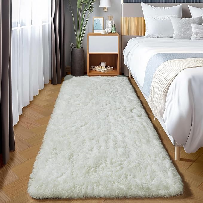 ONASAR Cream White Runner Rugs for Bedroom Living Room, Ivory Fluffy 2x6 Bedside Hallway Area Rug, Ultra Soft Plush Furry Faux Fur Non Slip Floor Carpet for Nursery Kids Dorm Closet Home Decor