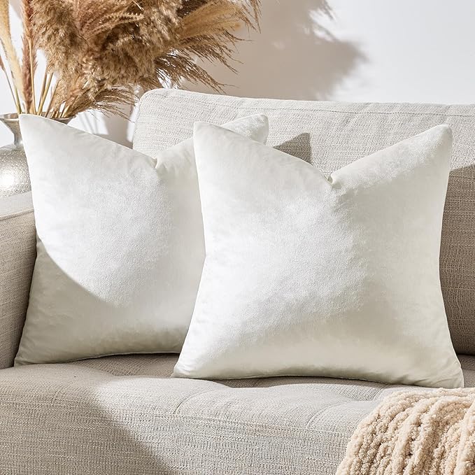 GIGIZAZA Velvet Pillow Covers 18x18: Pack of 2 Throw Pillows Soft Solid Covers - Beige Decorative Modern Couch Small Cushion Covers,Living Room,Bedroom,Sofa