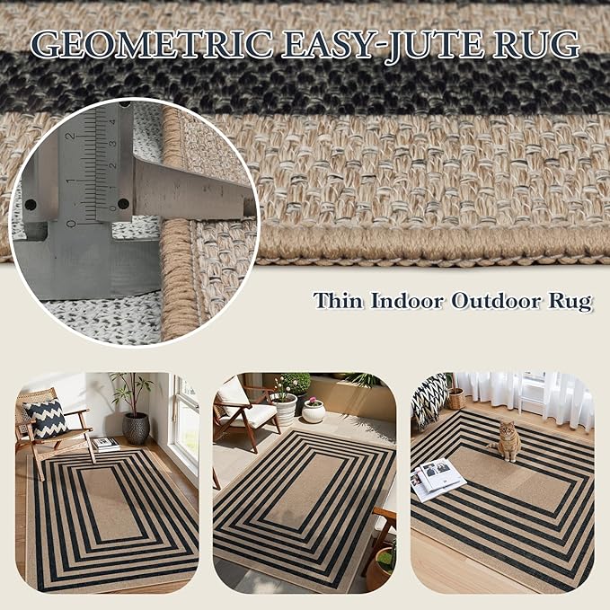 Lahome Enfys Modern Geometric Easy Jute Entryway Rug, 4x6 Black Washable Carpet for Bedroom Contemporary Thin Living Room Patio Rug, Farmhouse Non Slip Indoor Outdoor Carpet for Dining Room Backyard