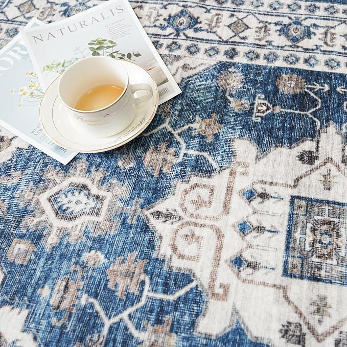 Hallway Washable Runner Rug - 2'6x14 Kitchen Rugs Entryway Rug Runner Vintage Soft Floor Mat Non Slip Indoor Farmhouse Carpet for Bathroom Living Room Bedroom (2'6''x14', Blue)