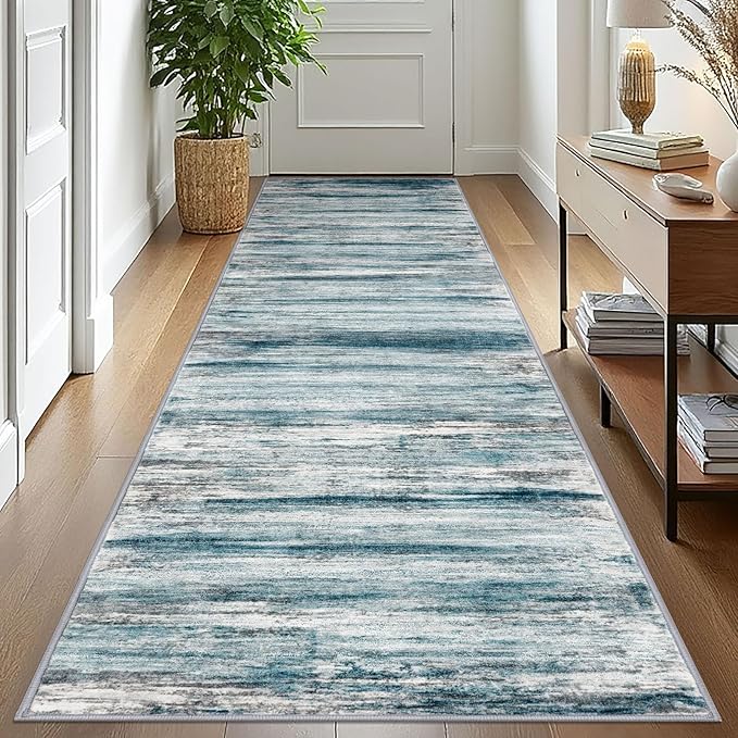 KOZYFLY Runner Rug 3x10 Modern Ombre Runners for Hallways, Washable Rugs for Bedroom Non-Slip Soft Stain Resistant Striped, Print Blue Abstract Carpet for Living/Laundry/Kid Room