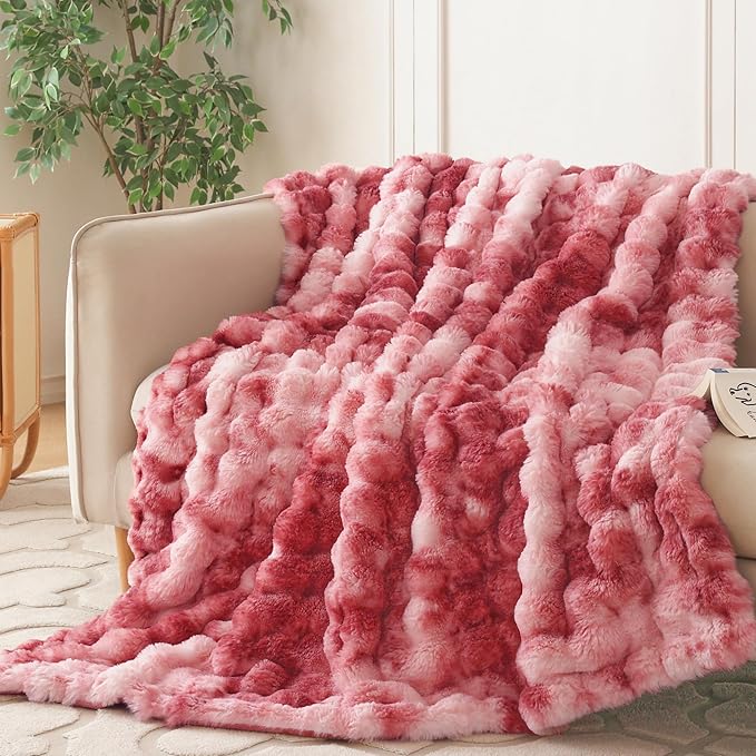 COOVA Faux Fur Throw Blanket for Couch, Cozy Soft and Fuzzy Plush Rabbit Fur Bubble Blanket for Sofa Bedroom Living Room, 60x80 Inches Tie Dye Magenta