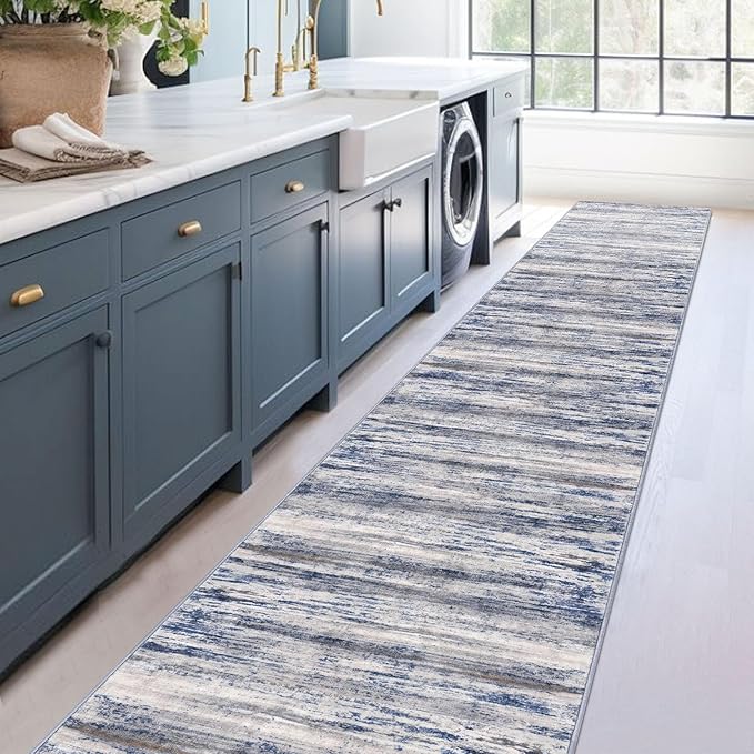 KOZYFLY Modern Abstract Washable Long Rug Runner 2.6x18 Hallway Rug Runner Non-Slip Soft Stair Runners, Grey-Blue Striped 18 feet Runner Rug for Kitchen Entryway Bathroom Laundry Room Foyer