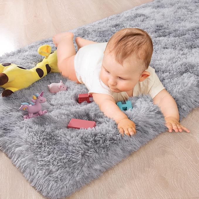 Chicrug Cute Fluffy Area Rug for Girls Bedroom, 2x6 Feet Fluffy Kids Rug for Room Decor, Shag Soft Dorm Playroom Rug, Bedside Rugs for Baby Nursery Room, Grey