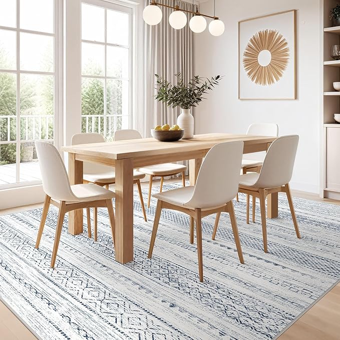 Nakagishi 6x9 Area Rugs Living Room: Washable Boho Large Neutral Soft Farmhouse Rug Stain Resistant Modern Indoor Floor Non-Slip Carpet for Bedroom Nursery Playroom Office Dining Room Dorm-White Blue