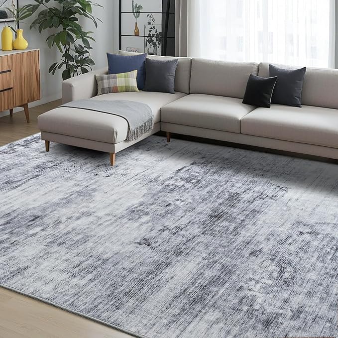 Toneed Abstract Area Rug 7x10 Modern Washable Rug Soft Non Slip Rug Low Pile for Bedroom Living Room Dining Room Grey