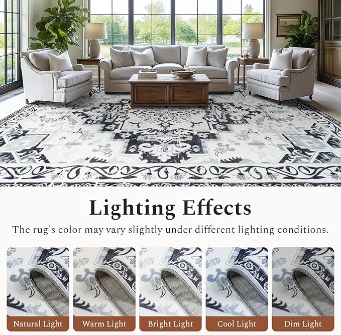 Rugflix 6x9 Area Rug for Living Room, Machine Washable Area Rugs with Non-Slip Backing, Large Soft Boho Vintage Rug for Bedroom, Dining Room, Low Pile Carpet, Kids Pet Friendly, Grey