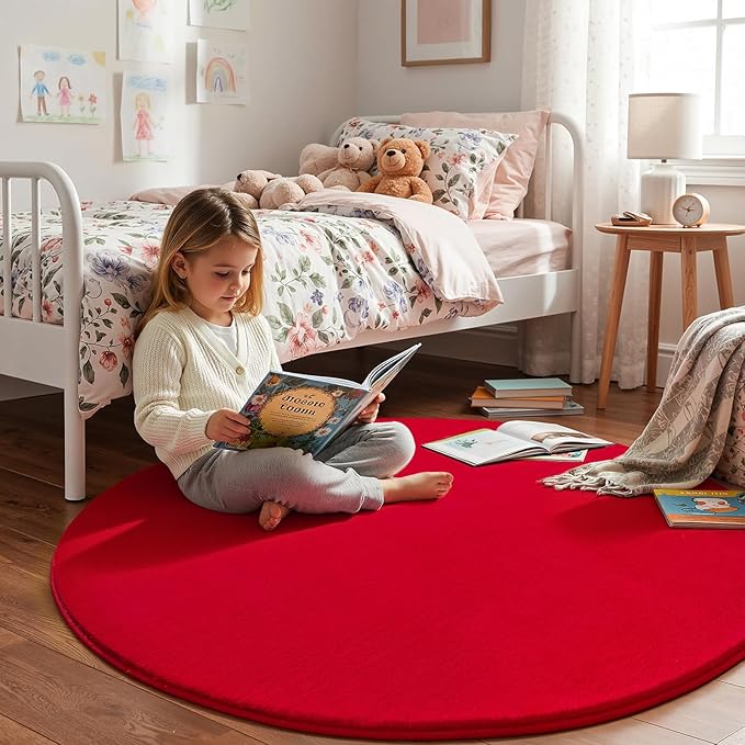 Amearea Red Round Area Rugs 5ft Washable Circle Rugs for Bedroom Living Room, Fluffy Indoor Thickened Memory Foam Rug, Non Slip Minimalist Circular Carpet for Kids Boys Girls Dorm Nursery Room Decor