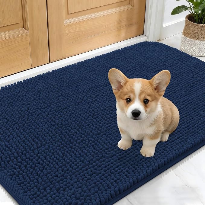 OLANLY Dog Door Mat for Muddy Paws 30x17, Absorbs Moisture and Dirt, Absorbent Non-Slip Washable Doormat, Quick Dry Chenille Mud Mat for Dogs, Entry Indoor Entryway Carpet for Inside Floor, Dark Blue
