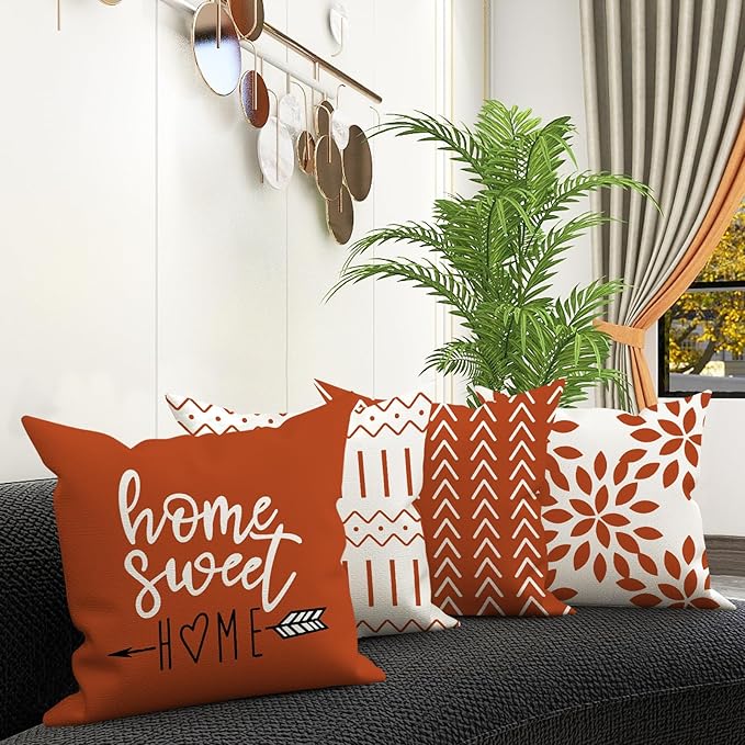 YCOLL Fall Pillow Covers 18x18 Set of 4, Modern Sofa Throw Pillow Cover for Fall Decor, Decorative Outdoor Linen Fabric Pillow Case for Couch Bed Car, Burnt Orange