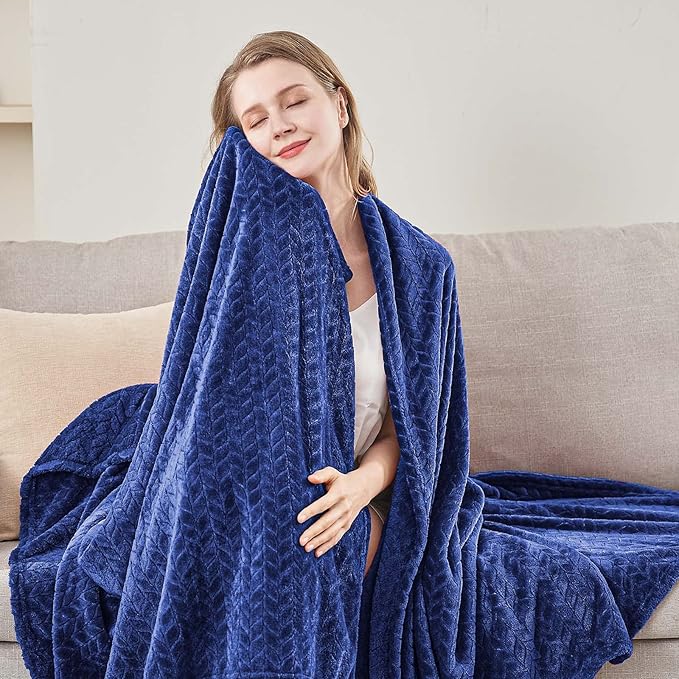 inhand Navy Fleece Twin Blanket, Super Soft Flannel Cozy Blankets for Adults, Lightweight Leaves Pattern Fuzzy Blanket for Couch Sofa Bed Office, Warm Plush Blankets for All Season, 60x90 Inches