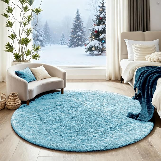 Ophanie Round Rug 4Ft Light Blue Circle Area Rugs, Fluffy Fuzzy Small Bedroom Carpet 4 Foot, Plush Shag Floor Living Room Christmas Circular Aesthetic Home Decor for Kids Teen Boys Baby, Nursery