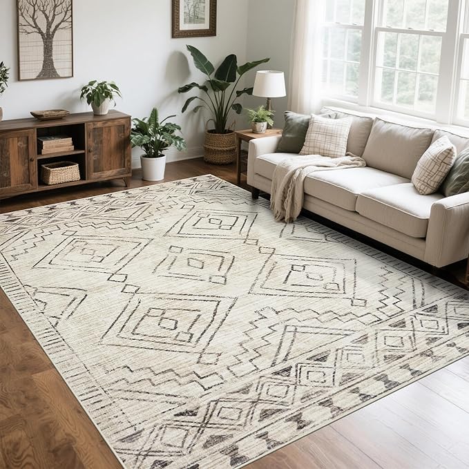 Washable Rugs 8x10 Area Rugs for Living Room,Bedroom,Dining Room- Large Ultra Soft Faux Wool Retro Carpet,Non Slip&Non-Shedding Low Pile Morocco Rug for Farmhouse Home Office Dorm(Beige-Brown)