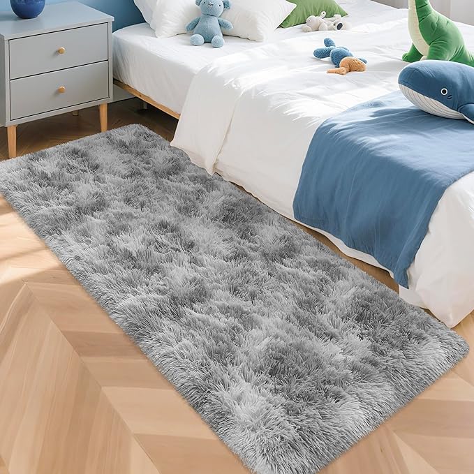 Super Soft Fluffy Living Room Area Rug 2x5 ft Tie-Dyed Light Grey Shaggy Furry Carpet Washable Non-Slip Floor Rugs Bedroom Bedside Nursery Rug Fuzzy Boys Girls Dorm Home Decor Aesthetic