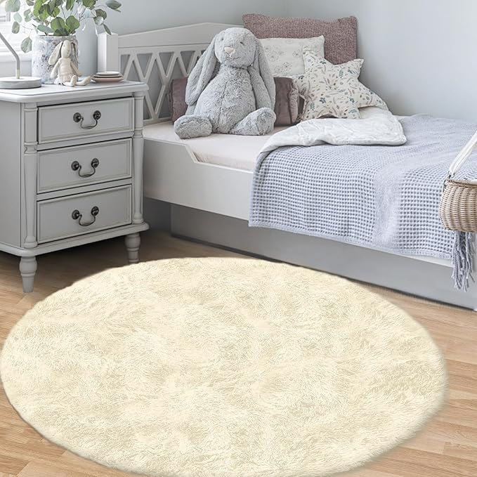 Cream White Round Rugs for Bedroom: 4ft Circle Fluffy Shag Soft Washable Rug Small Fuzzy Plush Indoor Carpet for Kids Girls Boys Nursery Dorm Classroom (Cream White, 4'x4')