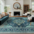 Area Rugs 8'x10' Washable Non-Slip, Floral Vintage Distress Print Pattern Medallion Carpet for Living Room Bedroom Dining Room, Teal Green Lake Blue Turquoise