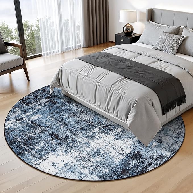 Rugflix Round Area Rugs 6Ft for Living Room, 6x6 Washable Rug Stain-Resistant Low Pile, Modern Dark Carpet for Dining Room Home Office Kid Room Nursery Bedroom, Navy Blue/Black