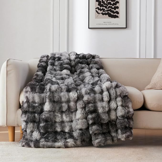 COOVA Faux Fur Throw Blanket for Couch, Cozy Soft and Fuzzy Plush Rabbit Fur Bubble Blanket for Sofa Bedroom Living Room, 60x80 Inches Tie Dye Light Grey
