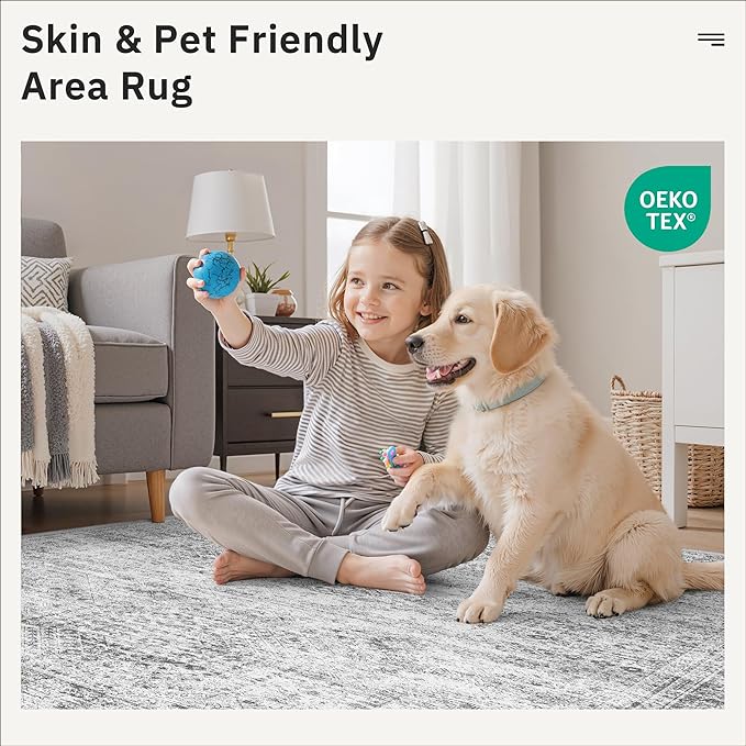 Area Rugs 4x6 for Living Room, Vintage Washable Rugs for Dining Room, Kitchen, Non-Slip Area Rug Grey