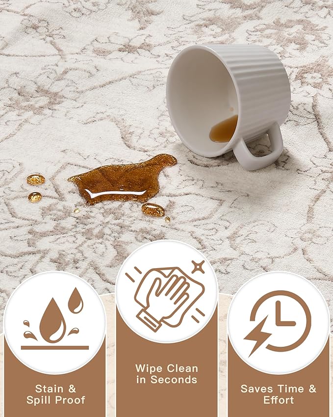 Madane Living Room 10x14 Area Rugs,Washable Low Pile Non-Slip Stain Resistant Extra Large Thin Rug, Vintage Soft Throw Carpet for Dining Room Bedroom Farmhouse Home Office Decor (10 x 14, Brown/Ivory)
