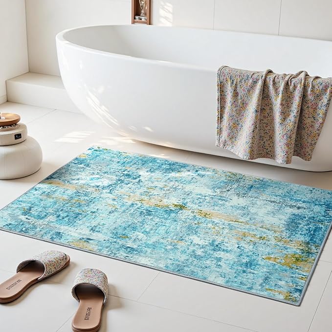 Entrance Rugs Indoor 2x3 Teal Blue Entry Rug Washable Abstract Small Area Rug Non-Slip Low Pile Throw Rugs for Entryway, Kitchen Floor, Front Door Indoor Door Mat, Bathroom, Bedroom Bedside