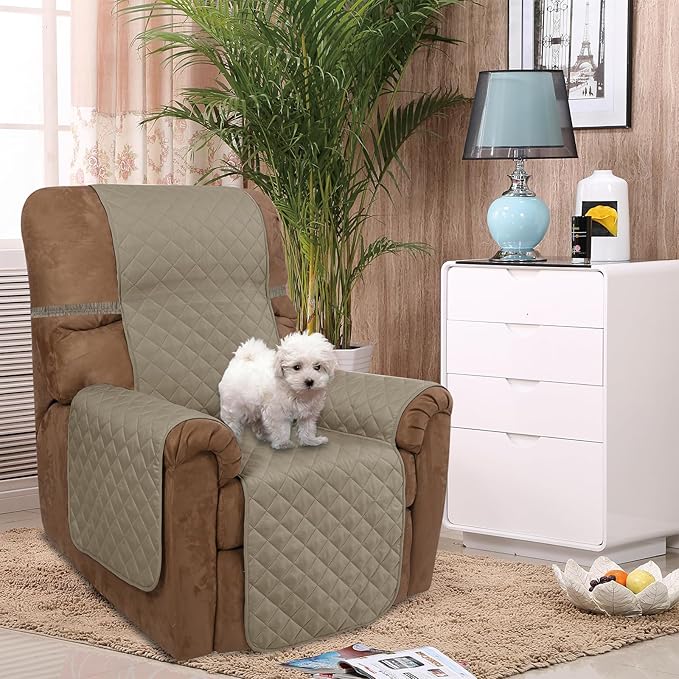 U-NICE HOME Recliner Chair Covers Reversible Chair Cover Pet Covers for Dogs with Elastic Straps Water Resistant Diamond Quilted (28''Recliner Oversized, Khaki/Light Grey)